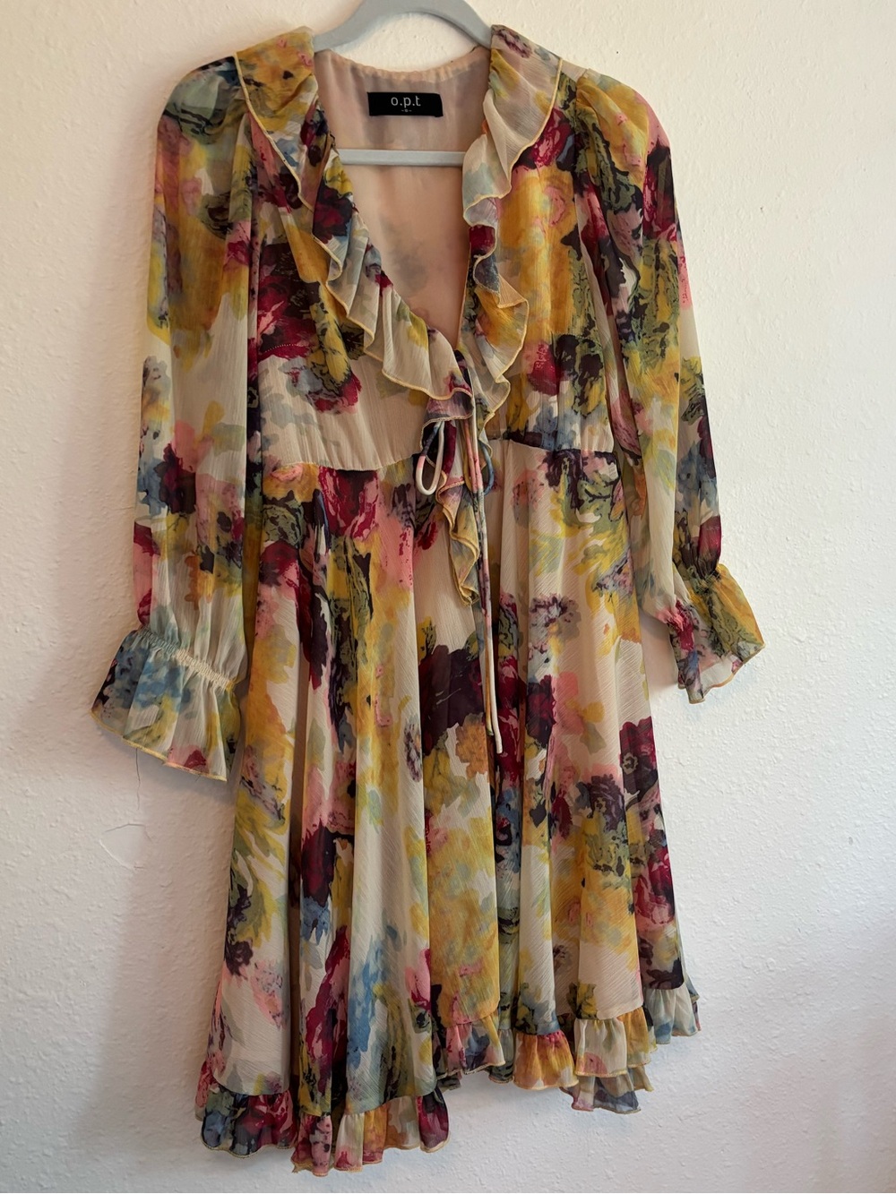 Floral Ruffle Flowing V-Neck Long Sleeve Multi-Color Chiffon Dress
